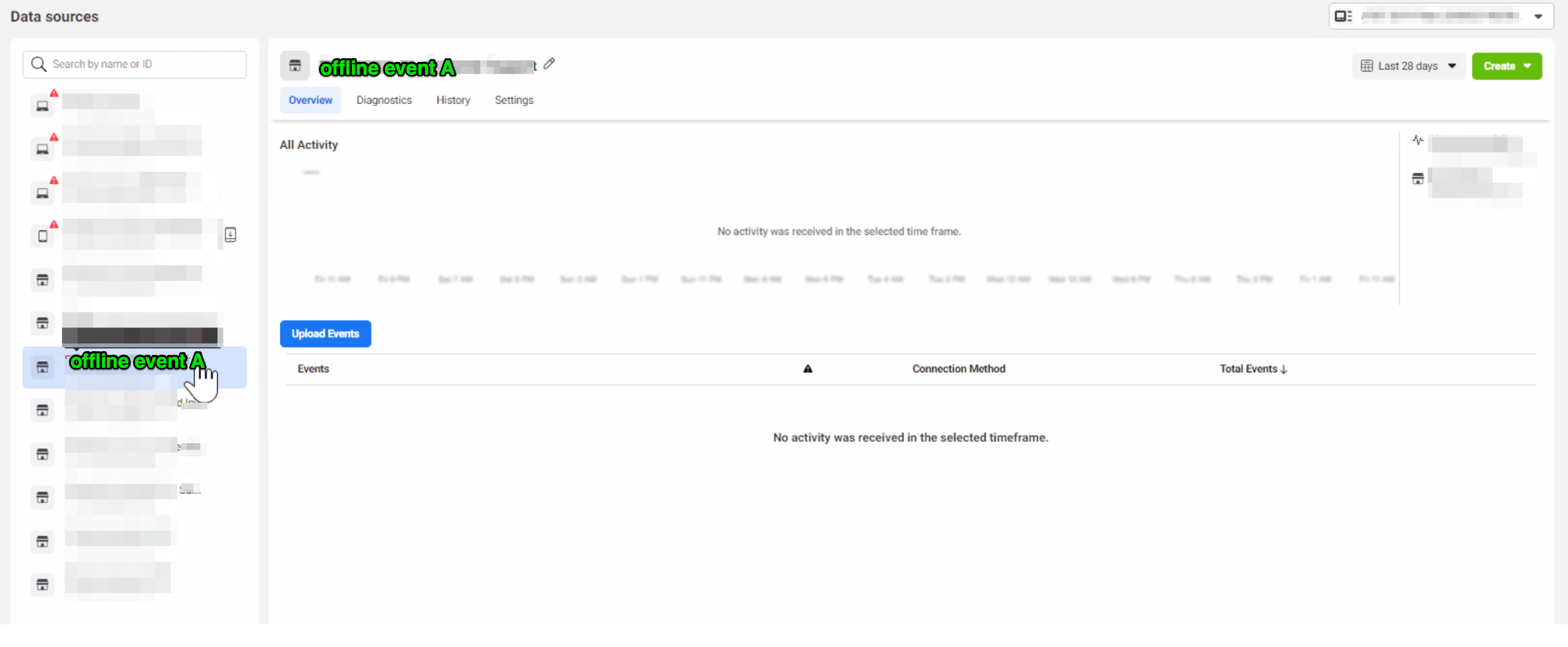 Customers are unable to view the event data they have created in Facebook.